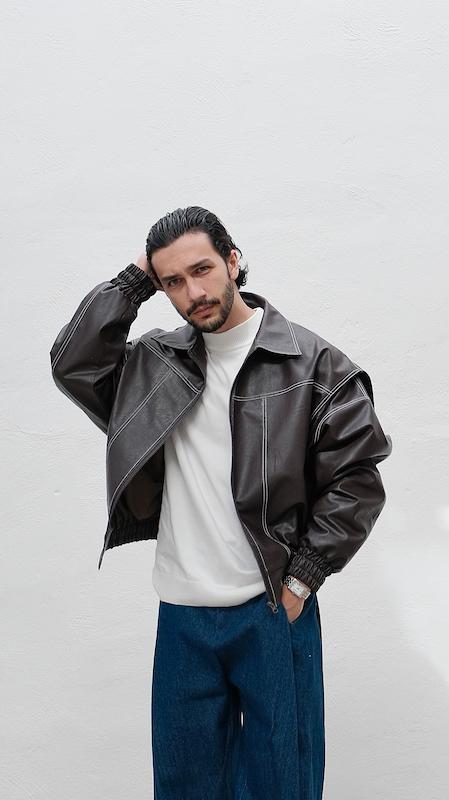 dark brown contrast stitch leather jacket