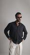 dark blue single pocket linen shirt