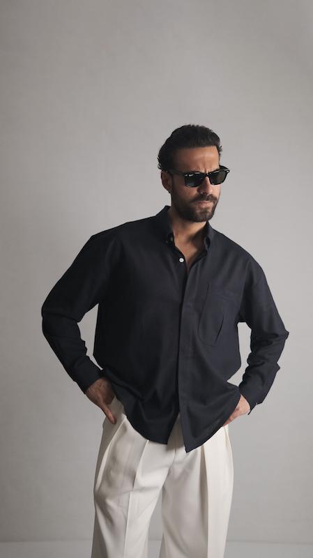 dark blue single pocket linen shirt