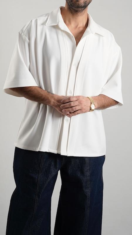 pleated half sleeve white shirt
