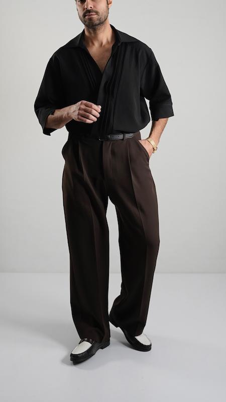 brown pleated straight leg pants