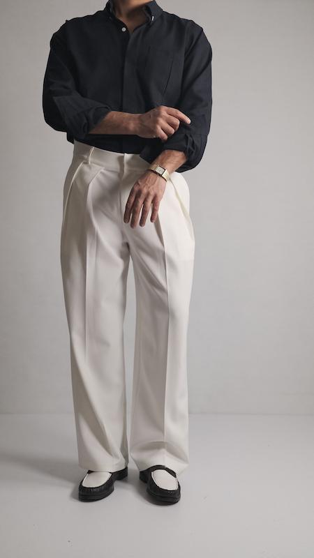 white pleated straight leg pants