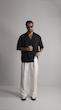 white pleated straight leg pants