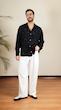navy pleated shirt with contrast stitching
