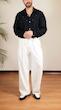 navy pleated shirt with contrast stitching