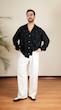 navy pleated shirt with contrast stitching