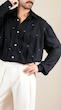 navy pleated shirt with contrast stitching