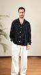 navy pleated shirt with contrast stitching
