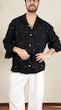 navy pleated shirt with contrast stitching
