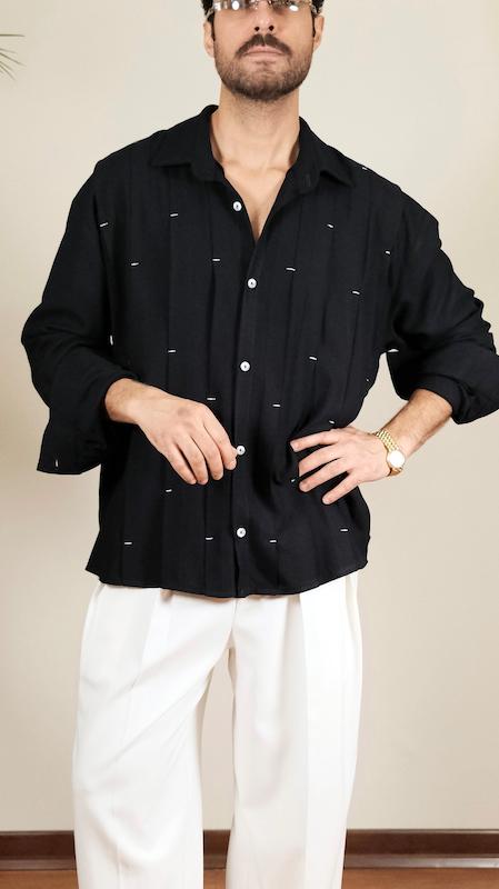 navy pleated shirt with contrast stitching