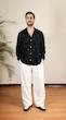 navy pleated shirt with contrast stitching