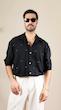 navy pleated shirt with contrast stitching