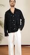 navy pleated shirt with contrast stitching