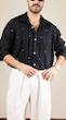 navy pleated shirt with contrast stitching