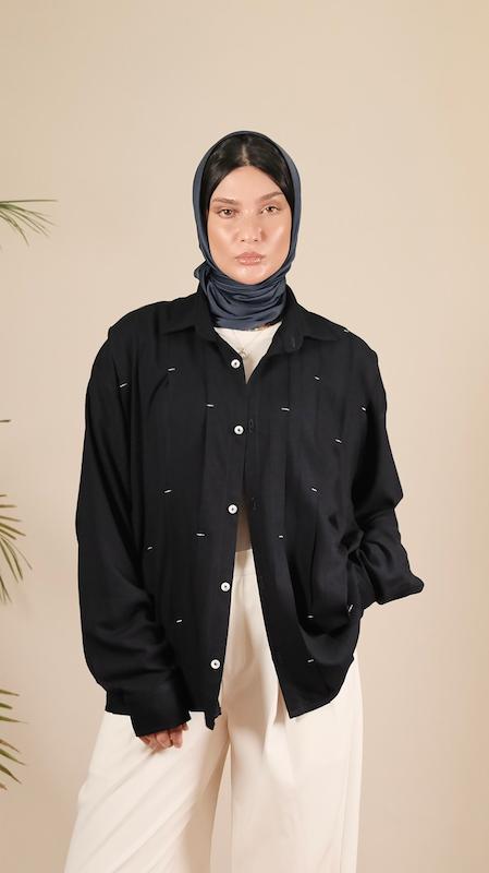 navy pleated shirt with contrast stitching
