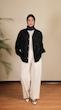 navy pleated shirt with contrast stitching
