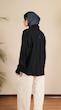 navy pleated shirt with contrast stitching