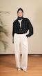 navy pleated shirt with contrast stitching