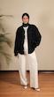 navy pleated shirt with contrast stitching