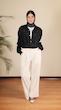 navy pleated shirt with contrast stitching