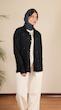navy pleated shirt with contrast stitching