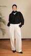white pleated straight leg pants