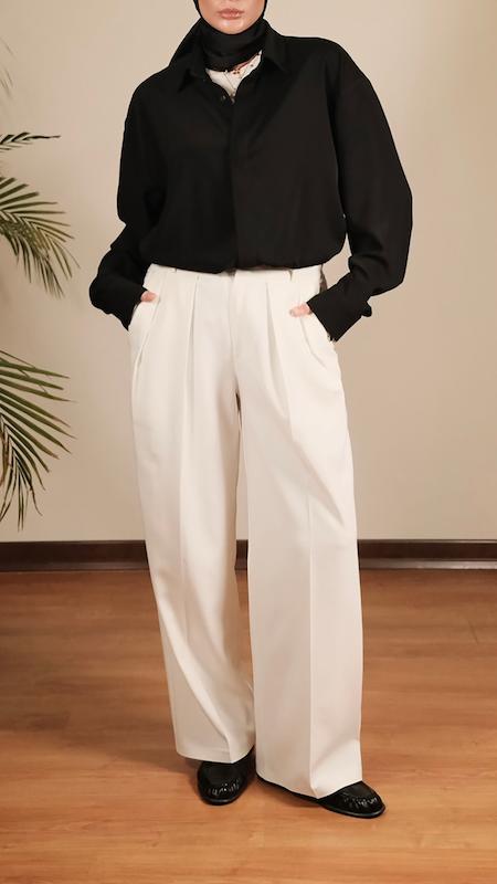 white pleated straight leg pants