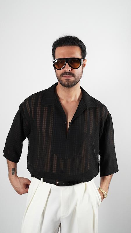 black open placket textured shirt