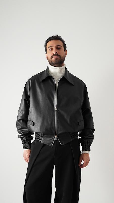 black leather bomber jacket
