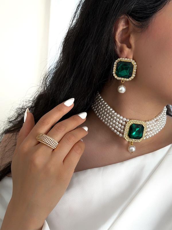 چوکر و گوشواره مرواریدی کریستالی سبز