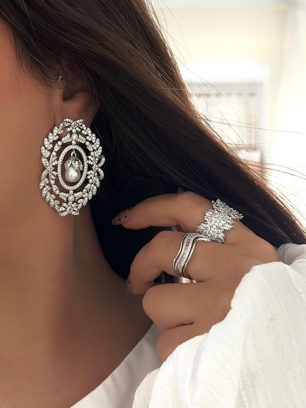 گوشواره جواهری بته جقه دایره تک مروارید