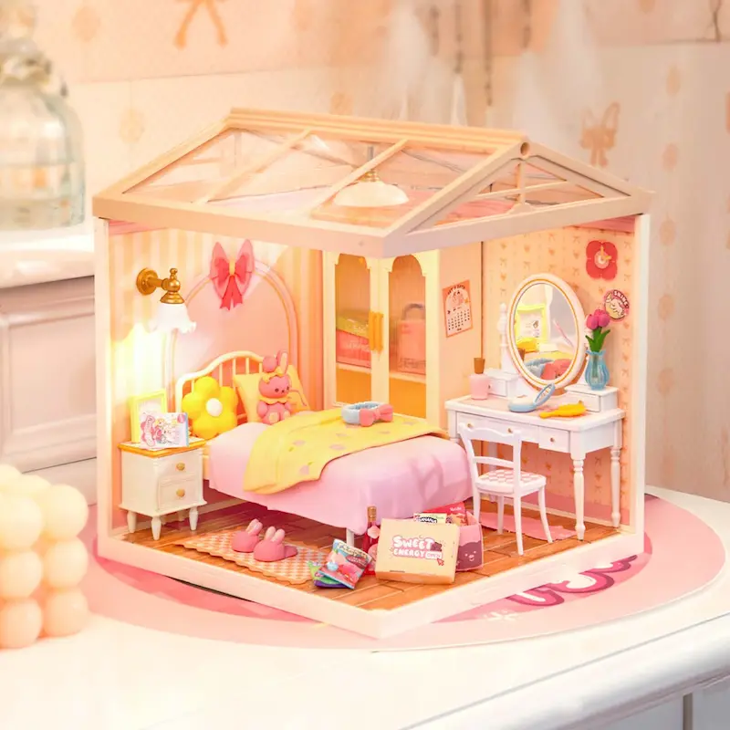 پازل ۳ بعدی خانه مینیاتوری روبوتایم طرح اتاق خواب صورتی-Rolife Lovely Pink Bedroom Super Creator Miniature House DW016