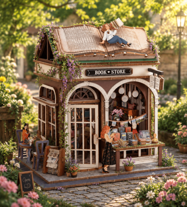 پازل سه بعدی تمام چوبی کتابفروشی-DIY miniature house book store