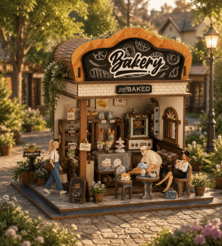 پازل ۳ بعدی تمام چوبی کافه نان-DIY miniature house bakery