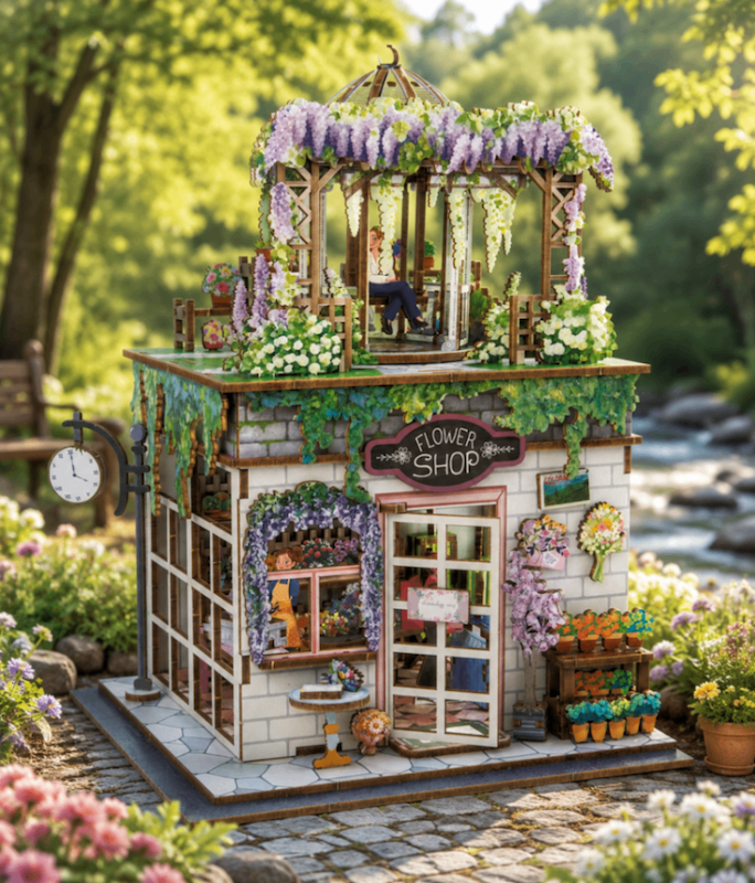 پازل ۳ بعدی تمام چوبی طرح گلفروشی-DIY miniature house flower shop