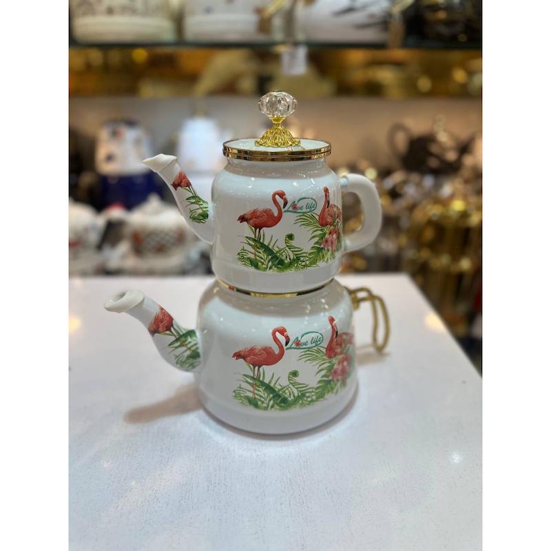 کتری قوری لعابی طرح دار مدل فلامینگو در الماسی