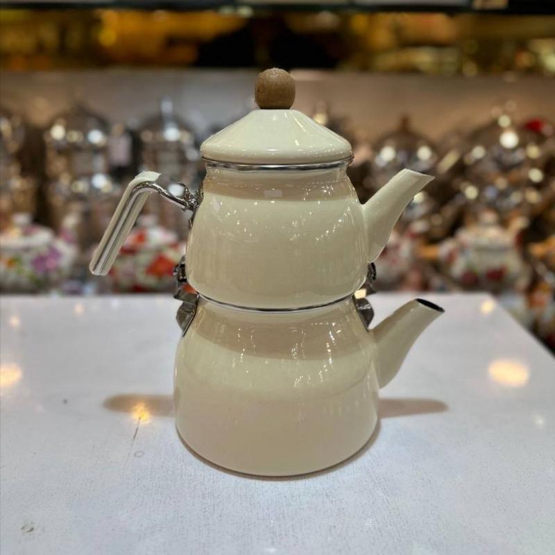 کتری قوری شاهین دسته بالا رنگ کرم