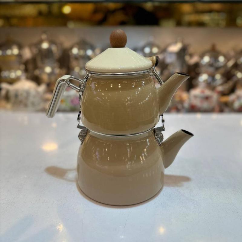 کتری قوری شاهین دسته بالا رنگ نسکافه ای