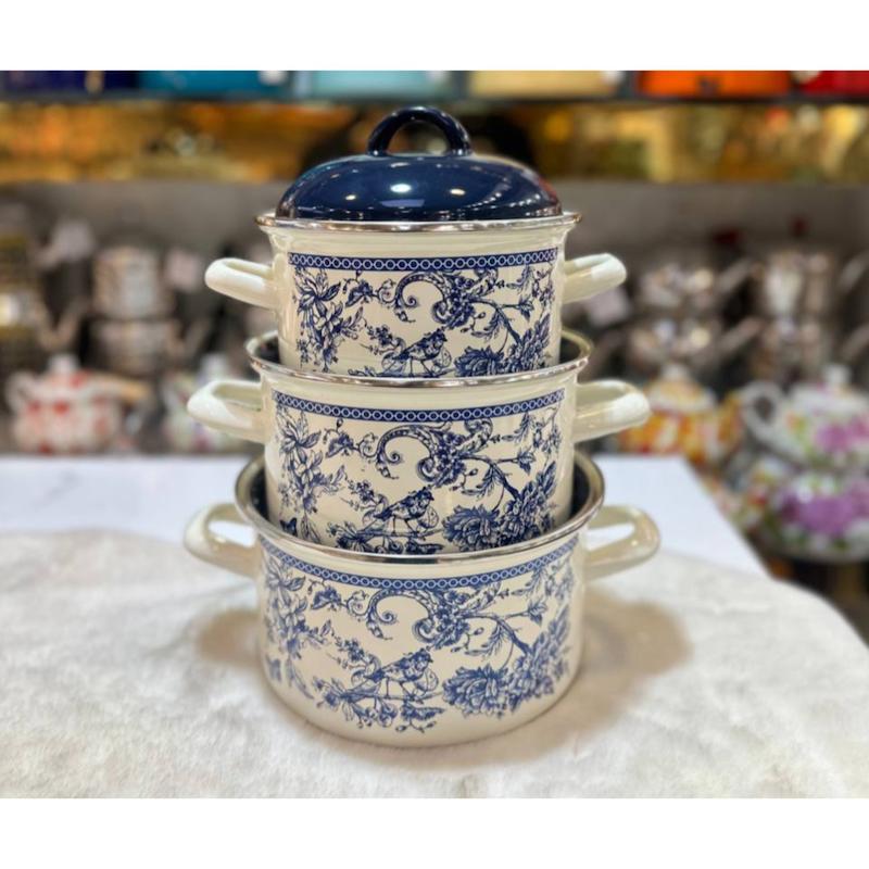 سه قابلمه تمام لعابی قلم ابی ترکیه گل شیپوری