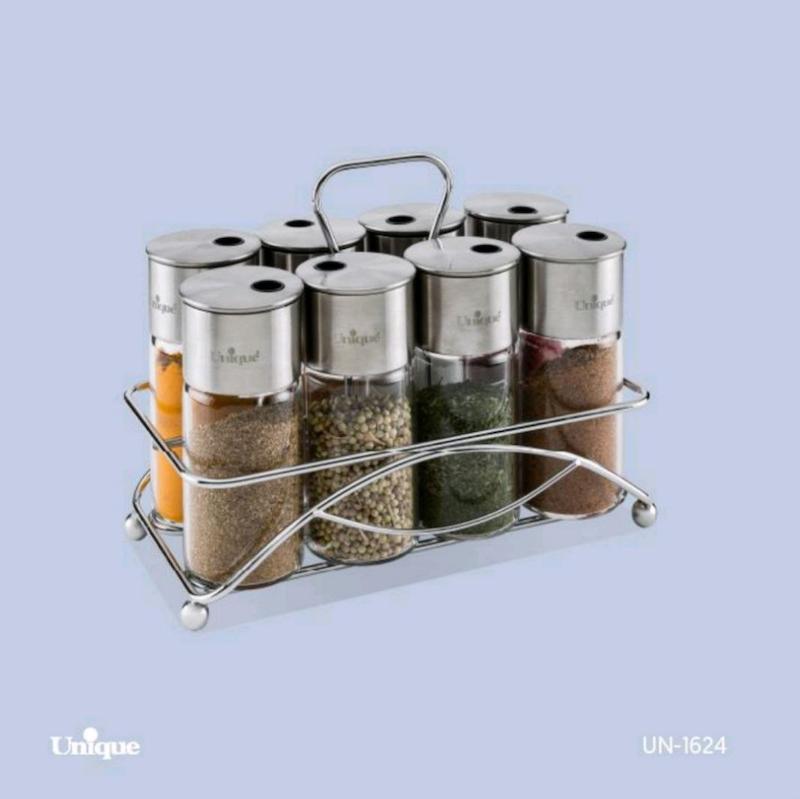 ست جا ادویه مستطیل 8 عددی پیرکس درب استیل یونیک Unique کد UN-1624