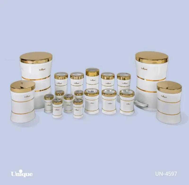 سرویس آشپزخانه 18 پارچه کمر باریک مدل خطی سفید طلایی یونیک Unique کد UN-4597