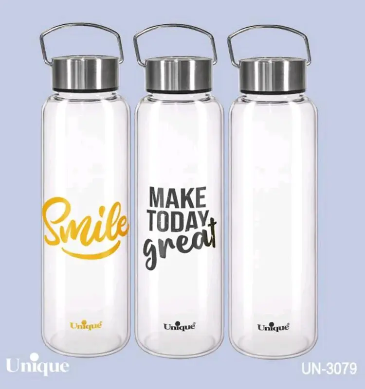 بطری آب شیشه ای با درب استیل دسته دار 830میل یونیک کد UN-3079