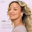 پوستر تبلیغاتی سشوار شارک نینجا HD430 FlexStyle با تصویری از یک زن با موهای فر شده توسط تکنولوژی Coanda.