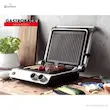 گریل باربیکیو حرفه ای گاستروبک مدل 42537 در آشپزخانه که یک استیک و گوجه روی صفحه صاف آن در حال گریل شدن هستند.