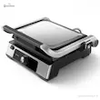 نمای سه‌رخ از گریل فیلیپس مدل HD6301 در حالت بسته با بدنه استیل ضد زنگ و صفحات مشکی.