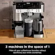 پوستر تبلیغاتی اسپرسوساز تمام اتوماتیک نینجا مدل ES601 که ابعاد دقیق و شعار "3 machines in 1" را نشان می‌دهد.