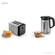 ست صبحانه استیل شامل کتری برقی بوش مدل TWK4P440، توستر بوش و یک فنجان چای.