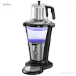 سماور برقی فلر مدل TS 380 مشکی با نور LED آبی در حال جوش و قوری شیشه ای روی آن.