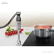 گوشت کوب برقی بوش مدل MS8CM61X1 سری MaxoMixx کنار قابلمه سوپ گوجه فرنگی روی اجاق گاز.