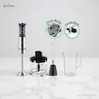 ست کامل گوشت کوب برقی گوسونیک مدل GSB-845 به همراه اینفوگرافیک تیغه چهار پره و دو پره.